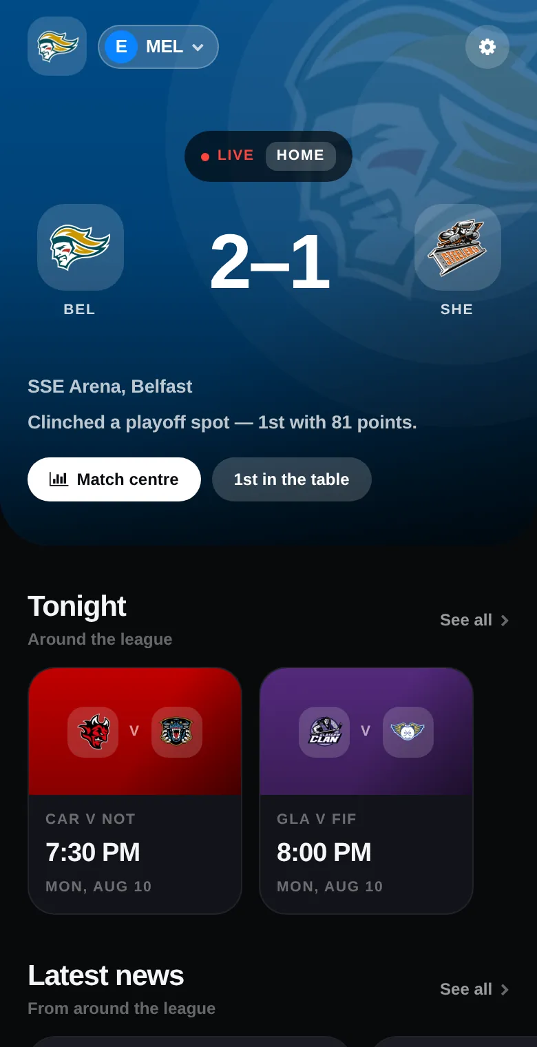 Elite Ice home screen with a live Belfast v Sheffield scoreline and tonight's games