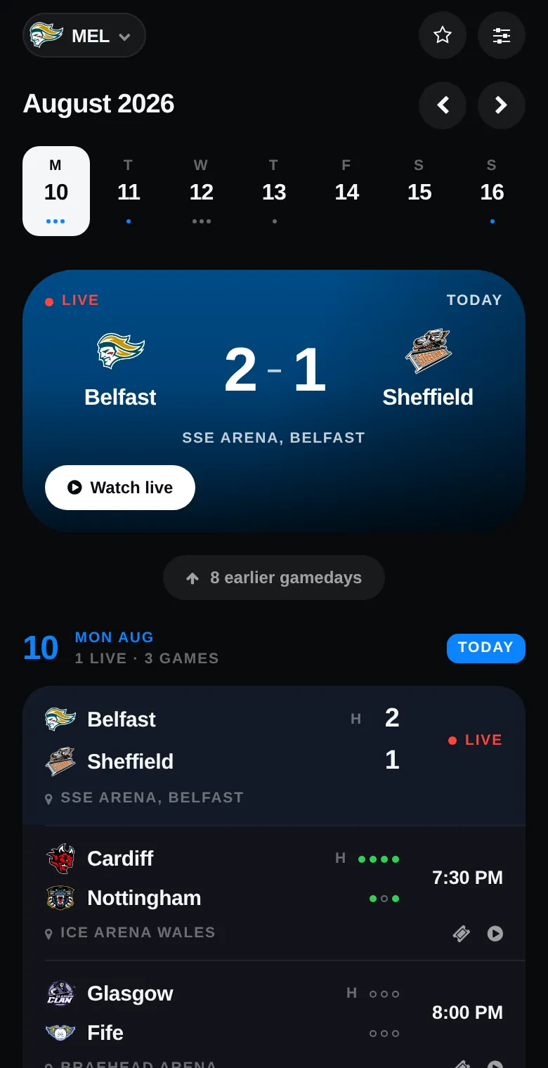 Schedule with a week strip, a live game leading and the day's fixtures