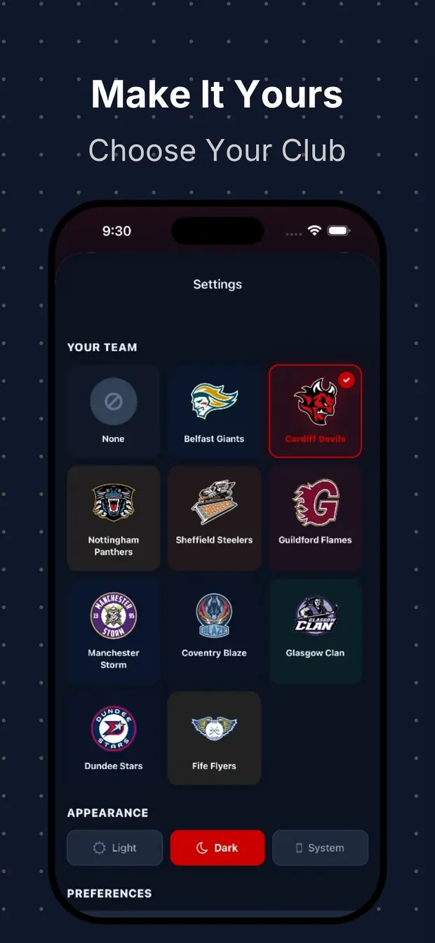 Settings screen for picking your favourite club