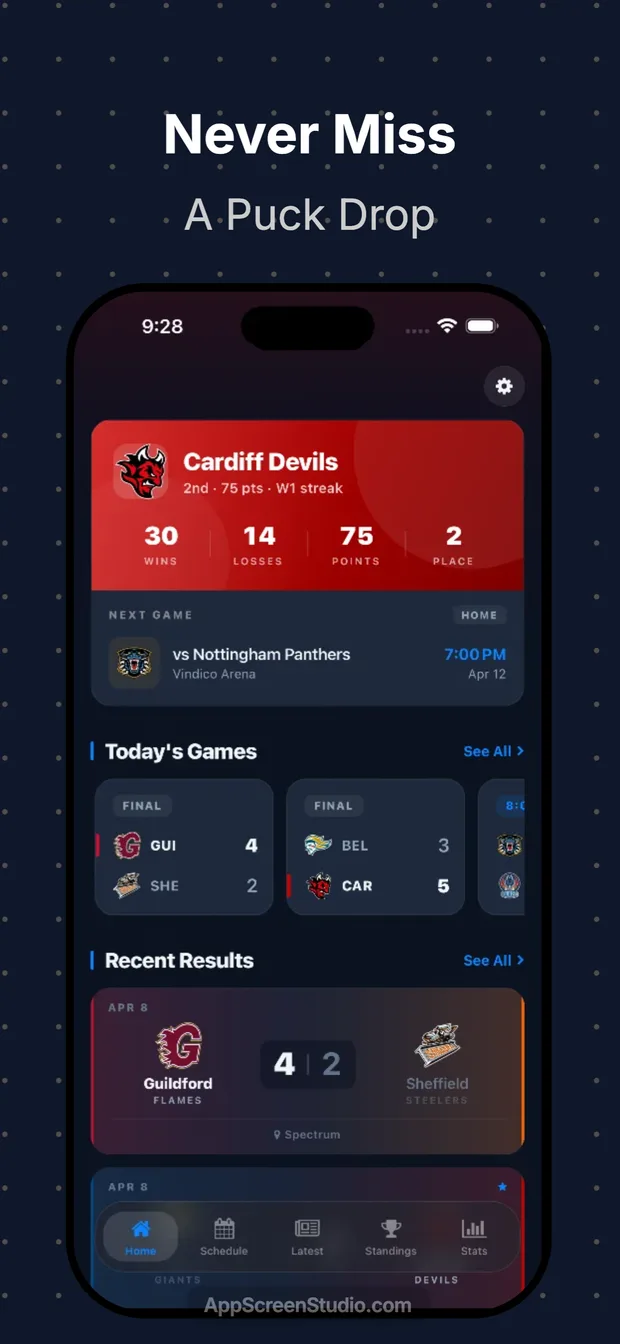 Elite Ice home screen with favourite team card and today's games