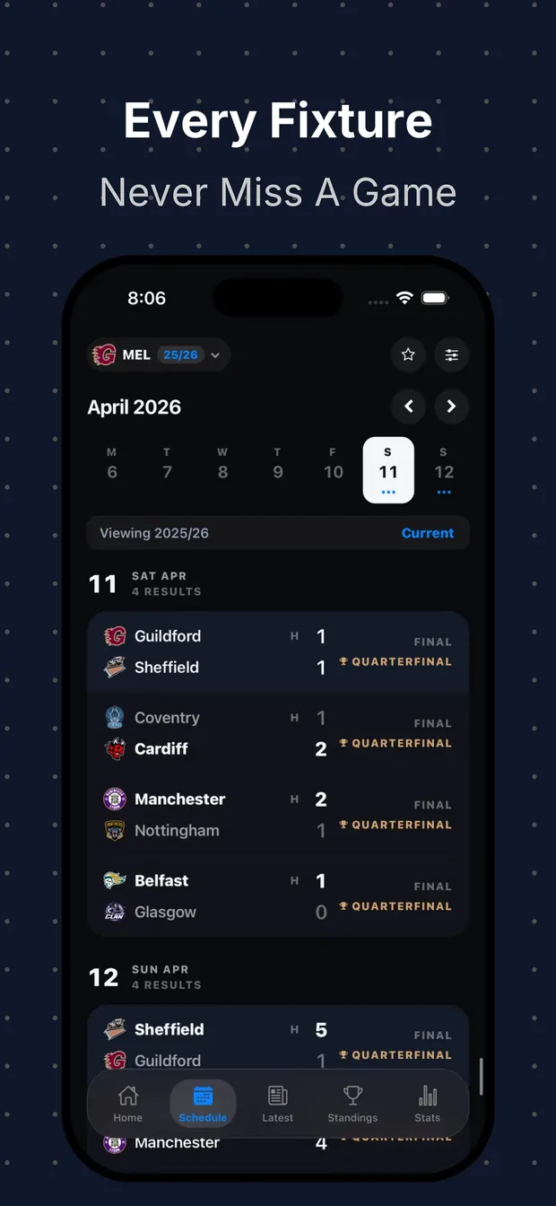 Schedule with a week strip and day-by-day fixtures and results