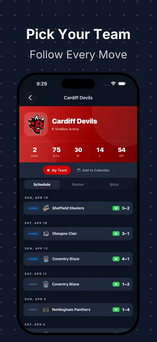 Team page with season record, schedule, roster and stats
